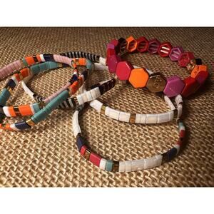 Multicolored Geometric Hexagonal & Flat Bead Stretch Bracelets--Set of 6